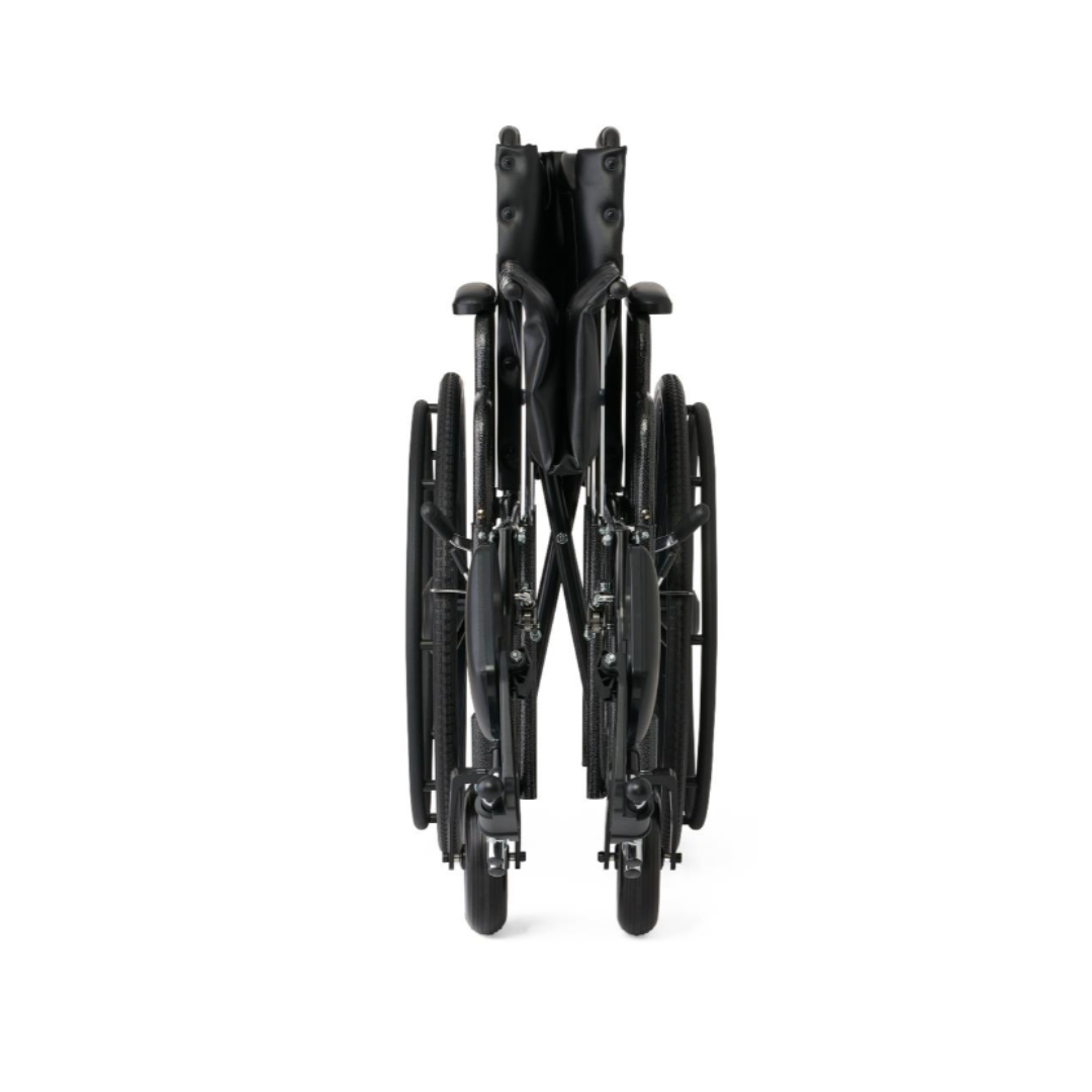 The Medline Guardian Extra-Wide Bariatric Wheelchair is shown folded from the front, with its seat and backrest compressed and wheels close together, showcasing a compact, portable design that supports up to 500 lbs.