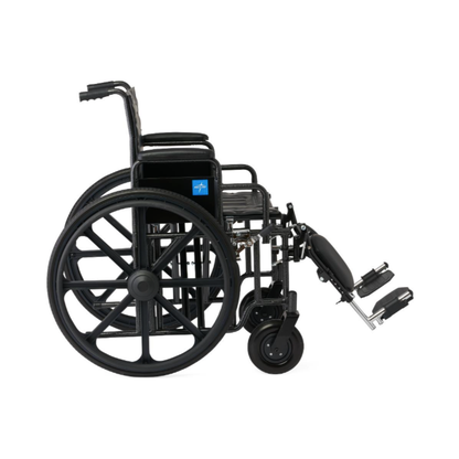 The Medline Guardian Extra-Wide Bariatric Wheelchair, shown from the side on a white background, is black with large rear wheels, metal footrests, padded armrests, and provides heavy-duty support for users up to 500 lbs.