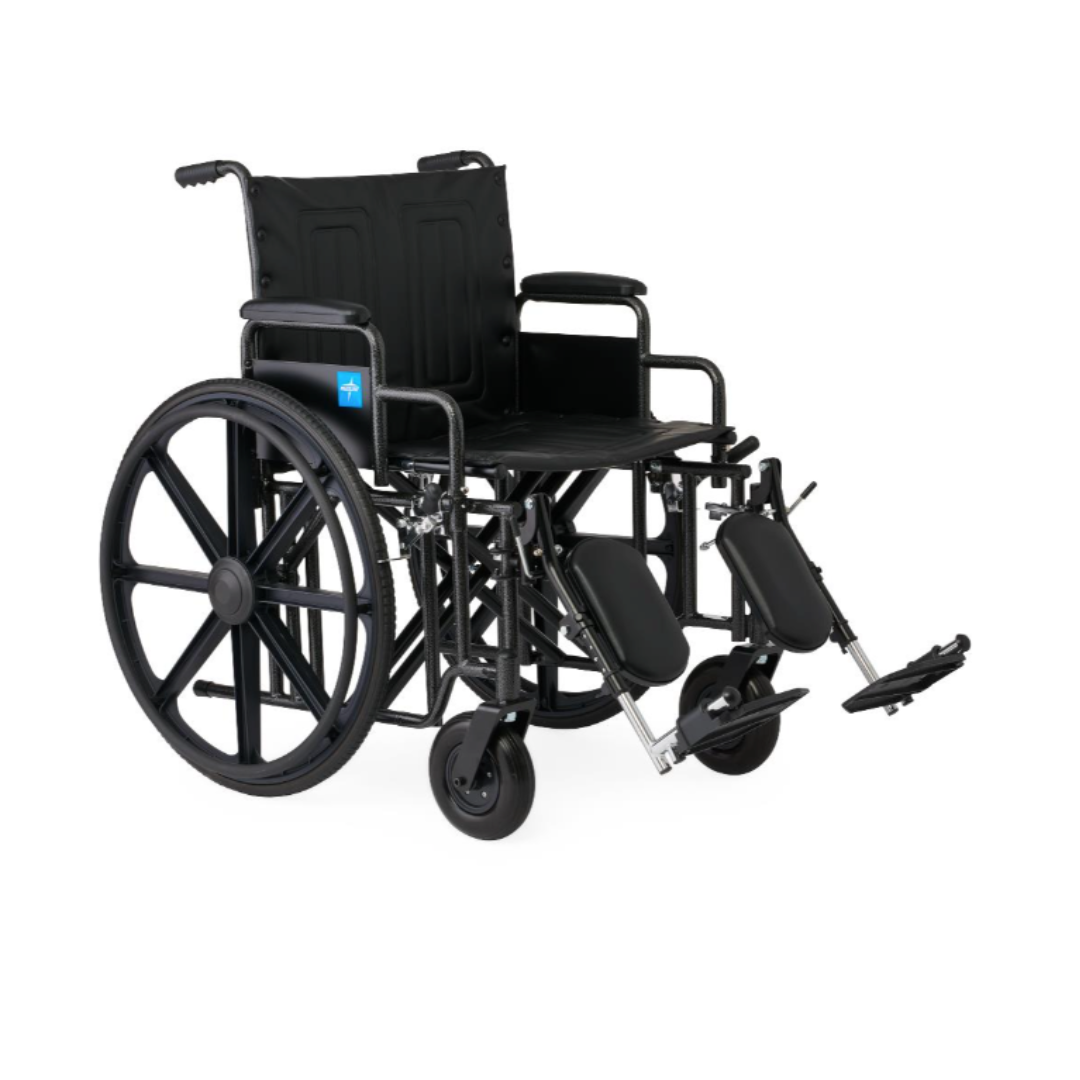 The Medline Guardian Extra-Wide Bariatric Wheelchair is black, features large rear and small front wheels, a padded seat, extended leg rests, solid cushioned armrests, and supports up to 500 lbs.