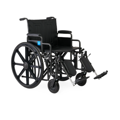 The Medline Guardian Extra-Wide Bariatric Wheelchair is black, features large rear and small front wheels, a padded seat, extended leg rests, solid cushioned armrests, and supports up to 500 lbs.