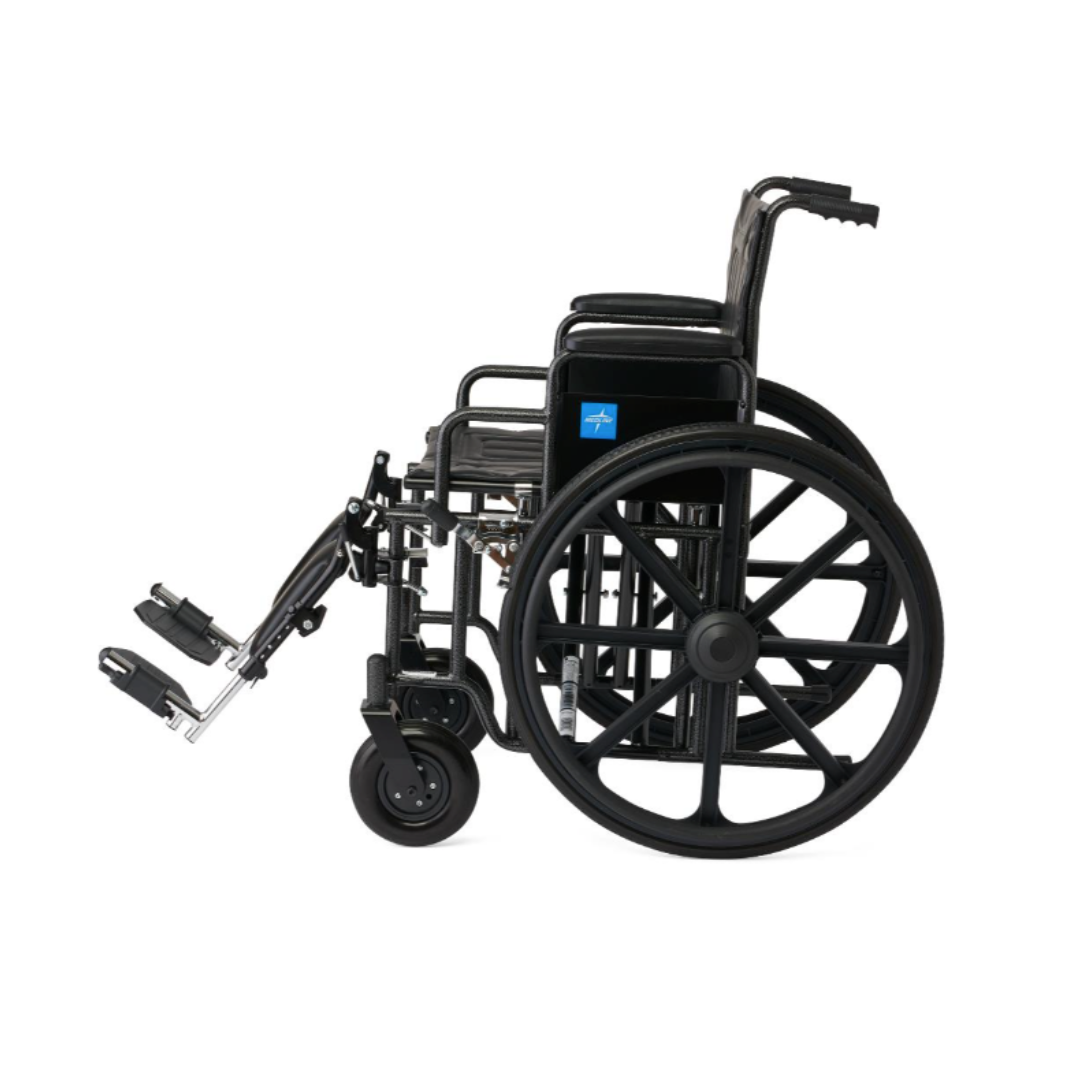 The Medline Guardian Extra-Wide Bariatric Wheelchair, shown in black with large rear and small front wheels, features extended footrests and offers heavy-duty support for users up to 500 lbs. Seen from the side against a white background.
