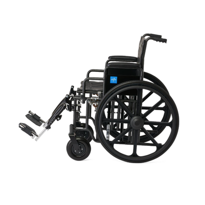 The Medline Guardian Extra-Wide Bariatric Wheelchair, shown in black with large rear and small front wheels, features extended footrests and offers heavy-duty support for users up to 500 lbs. Seen from the side against a white background.