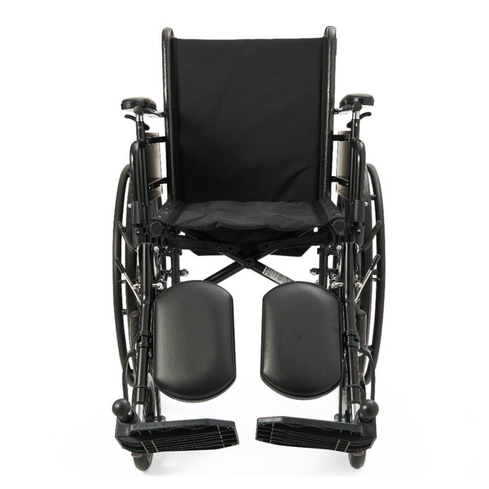 The Medline Lightweight K3 Wheelchair, featuring a black frame, nylon upholstery, elevated leg rests, and footplates, is shown from the front against a white background.