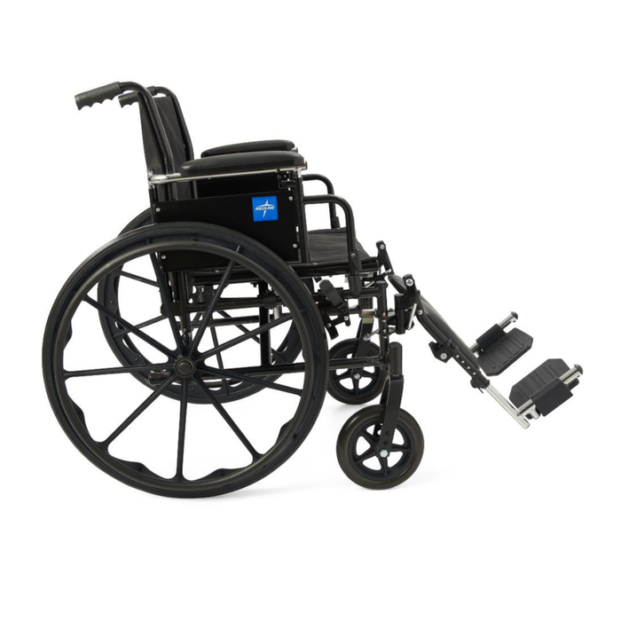 The Medline Lightweight K3 Wheelchair features a black, lightweight frame, large rear and small front wheels, armrests, nylon upholstery, adjustable footrests, and a blue side label. Shown from the side against a white background.