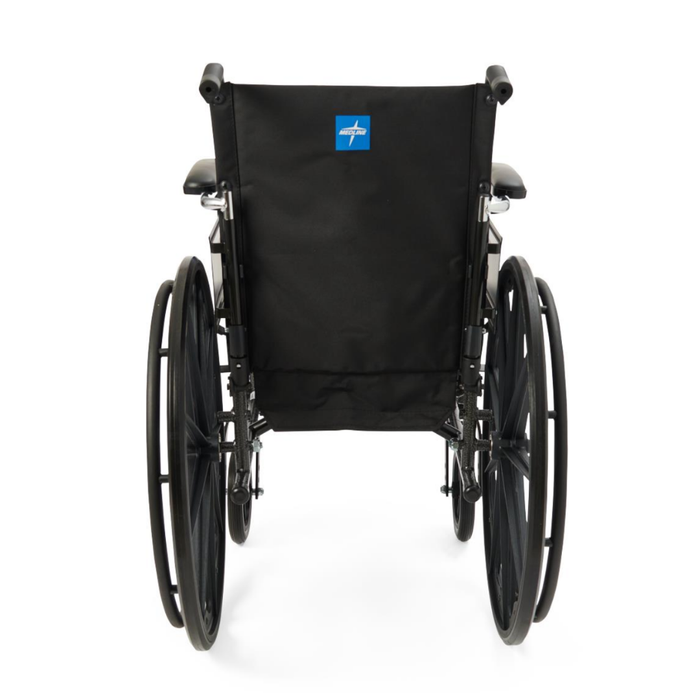 The Medline Lightweight K3 Wheelchair in black is shown from the back, highlighting its large rear wheels, push handles, lightweight frame, fabric backrest with nylon upholstery, and blue and white logo.