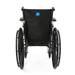 The Medline Lightweight K3 Wheelchair in black is shown from the back, highlighting its large rear wheels, push handles, lightweight frame, fabric backrest with nylon upholstery, and blue and white logo.