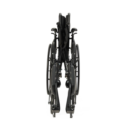The Medline Lightweight K3 Wheelchair, shown from the front in a fully folded, compact position, features a black frame and durable nylon upholstery with the wheels positioned closely together.