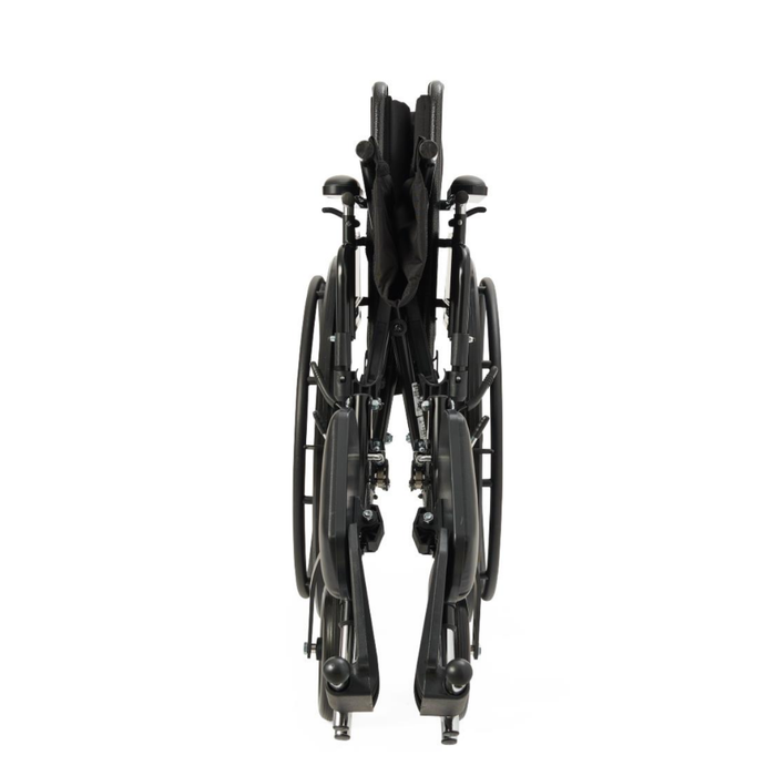 The Medline Lightweight K3 Wheelchair, shown from the front in a fully folded, compact position, features a black frame and durable nylon upholstery with the wheels positioned closely together.
