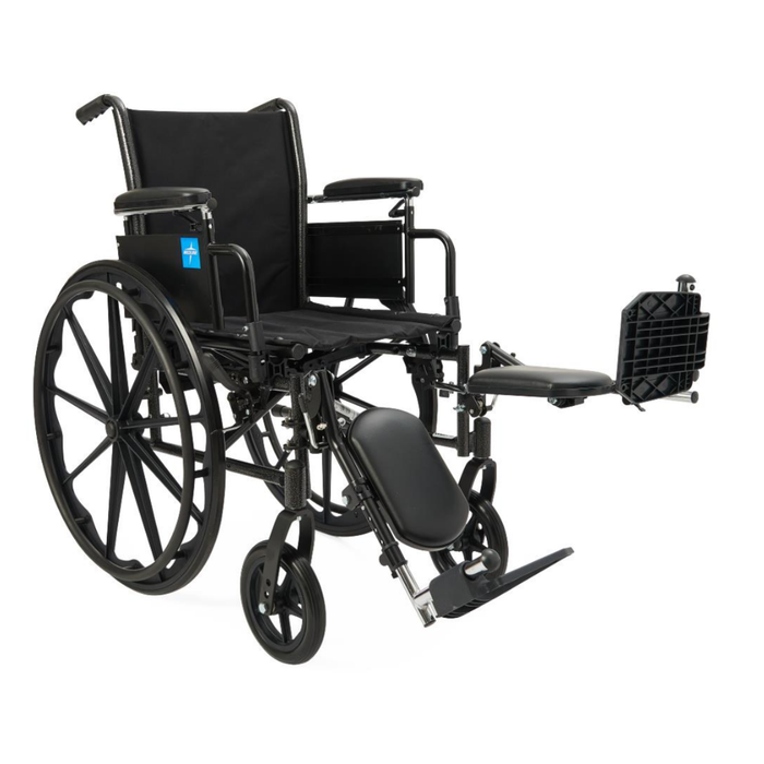 The Medline Lightweight K3 Wheelchair is a black folding chair with large rear wheels, front casters, and an elevated leg rest. It features padded nylon upholstery, supportive armrests, and a lightweight frame for comfort and ease of use.