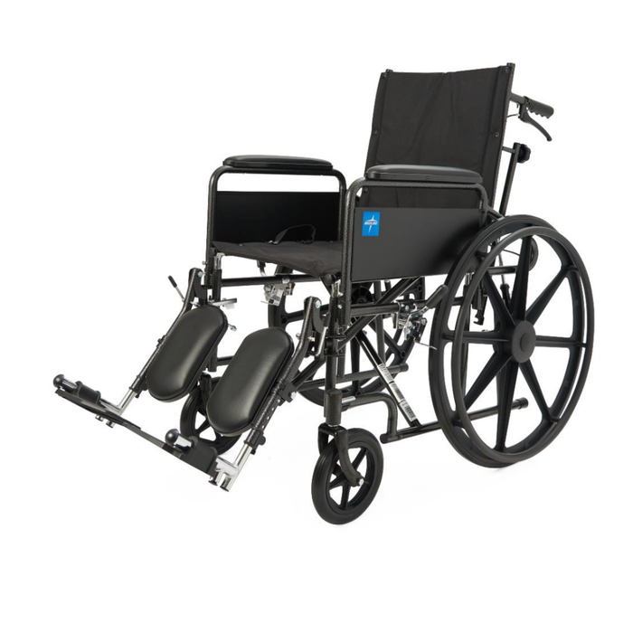 A Medline Guardian Reclining Wheelchair in black, featuring padded armrests, large rear wheels, small front wheels, elevating leg rests, and durable vinyl upholstery is shown on a white background.
