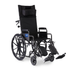 The Medline Guardian Reclining Wheelchair features black durable vinyl upholstery, a padded headrest, elevating leg rests, large rear wheels, and small front wheels for enhanced comfort and support.