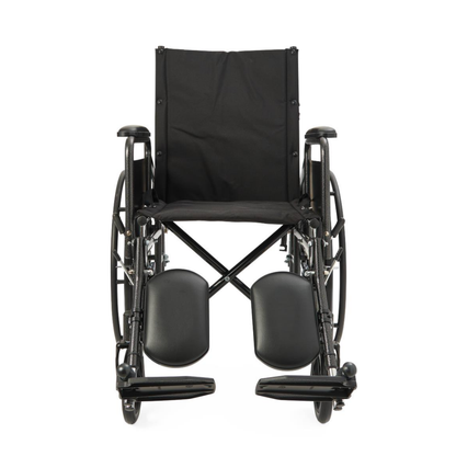 A Medline Guardian Reclining Wheelchair in black with durable vinyl upholstery, footrests, and armrests, shown from the front on a white background.