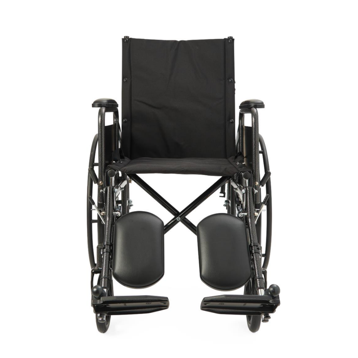 A Medline Guardian Reclining Wheelchair in black with durable vinyl upholstery, footrests, and armrests, shown from the front on a white background.