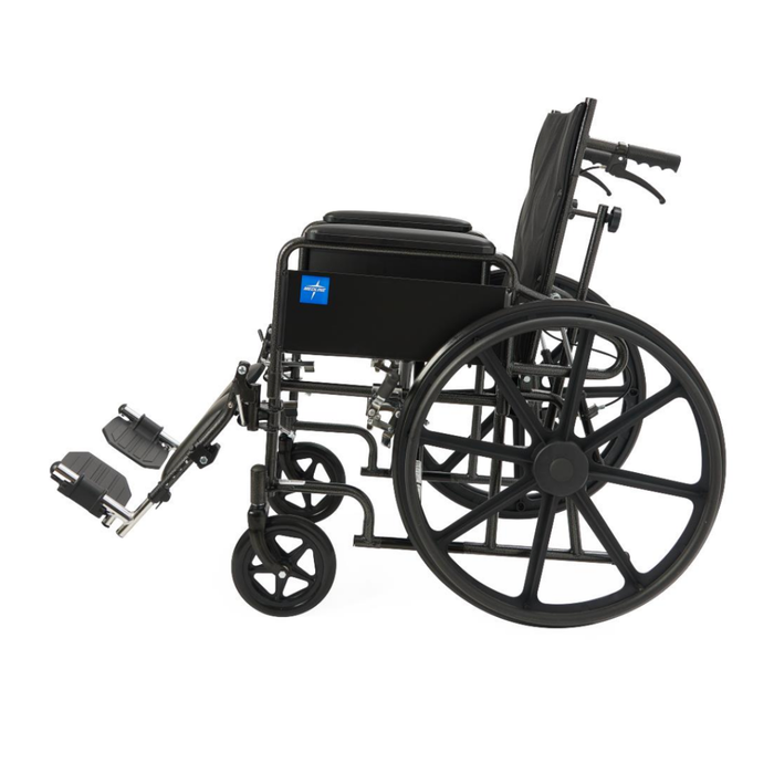 The Medline Guardian Reclining Wheelchair is black with durable vinyl upholstery, large rear wheels, small front wheels, footrests, and push handles, shown from the side on a white background.