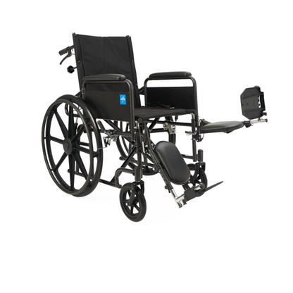 The Medline Guardian Reclining Wheelchair features large rear wheels, small front wheels, padded armrests, an Elevating Leg Rest on one side, and durable black vinyl upholstery. The empty chair is shown at a slight angle.