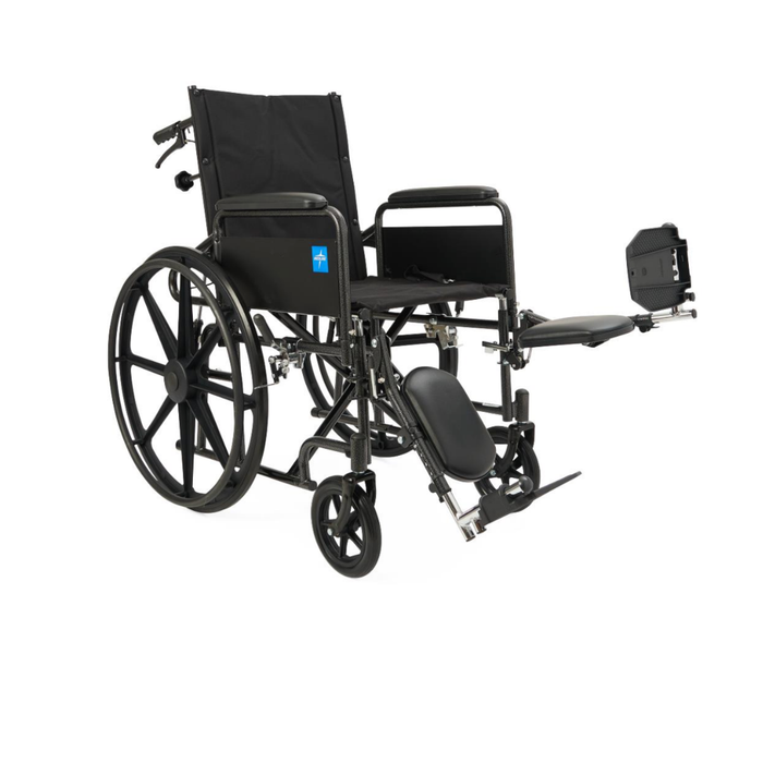The Medline Guardian Reclining Wheelchair features large rear wheels, small front wheels, padded armrests, an Elevating Leg Rest on one side, and durable black vinyl upholstery. The empty chair is shown at a slight angle.