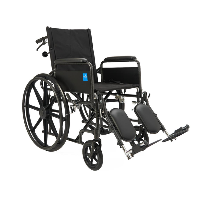 The Medline Guardian Reclining Wheelchair is a black manual model with large rear wheels, small front casters, padded armrests, elevating leg rests, and durable vinyl seat and backrest for comfort and support.