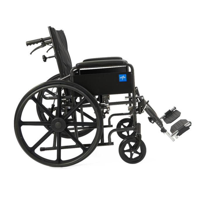 The Medline Guardian Reclining Wheelchair, shown from the side on a white background, features black durable vinyl upholstery, large rear wheels, small front wheels, footrests, and armrests.