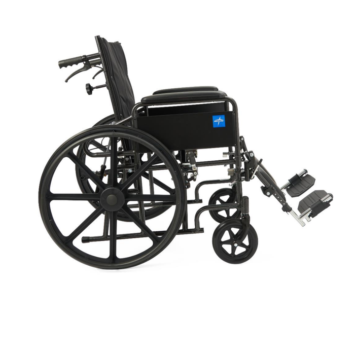 The Medline Guardian Reclining Wheelchair, black with durable vinyl upholstery, large rear wheels, small front wheels, footrests, and armrests, is shown from the side against a white background.