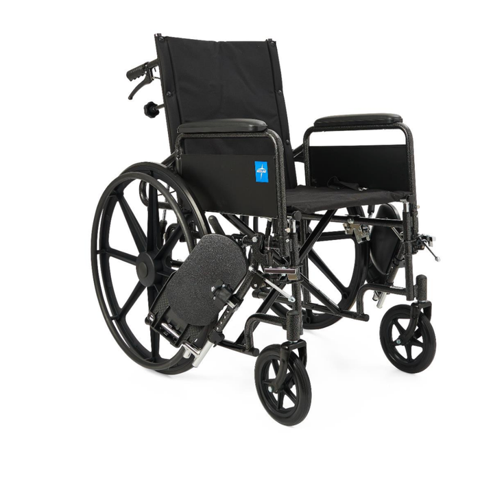 The image shows a Medline Guardian Reclining Wheelchair in black with durable vinyl upholstery, large rear wheels, small front casters, footrests, armrests, and a blue sticker with a white arrow on the side.