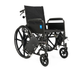 The image shows a Medline Guardian Reclining Wheelchair in black with durable vinyl upholstery, large rear wheels, small front casters, footrests, armrests, and a blue sticker with a white arrow on the side.
