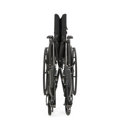 The Medline Guardian Reclining Wheelchair, shown folded from the front, features durable black vinyl upholstery with its wheels close together and seat fabric visible between the frames.