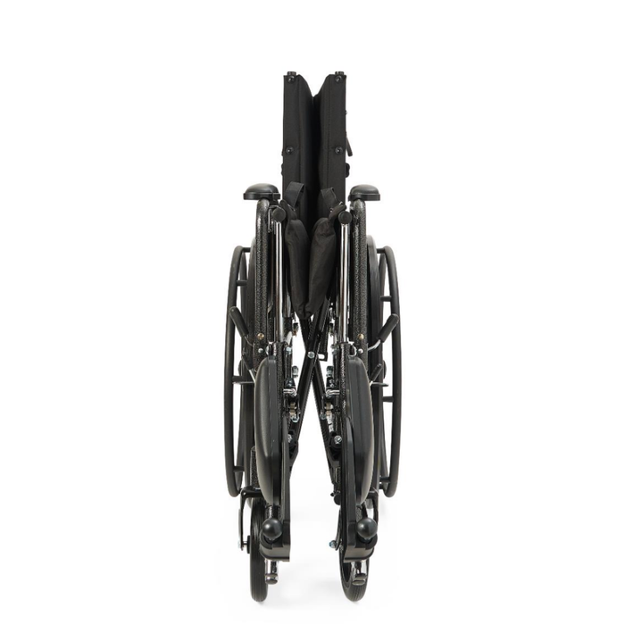 The Medline Guardian Reclining Wheelchair, shown folded from the front, features durable black vinyl upholstery with its wheels close together and seat fabric visible between the frames.