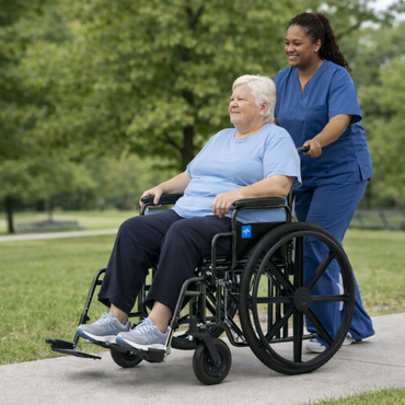 A nurse in blue scrubs smiles as she pushes an elderly woman along a park path in a Medline Guardian Extra-Wide Bariatric Wheelchair, offering secure support for up to 500 lbs, surrounded by green grass and trees.