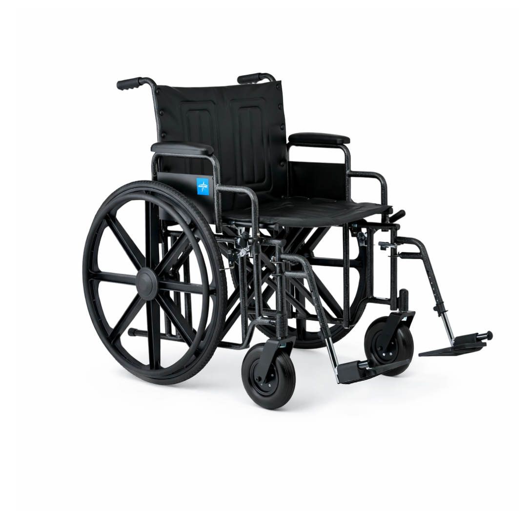 The Medline Guardian Extra-Wide Bariatric Wheelchair, in black with large rear wheels, armrests, footrests, and a blue medical symbol on the backrest, supports up to 500 lbs and is shown against a plain white background.