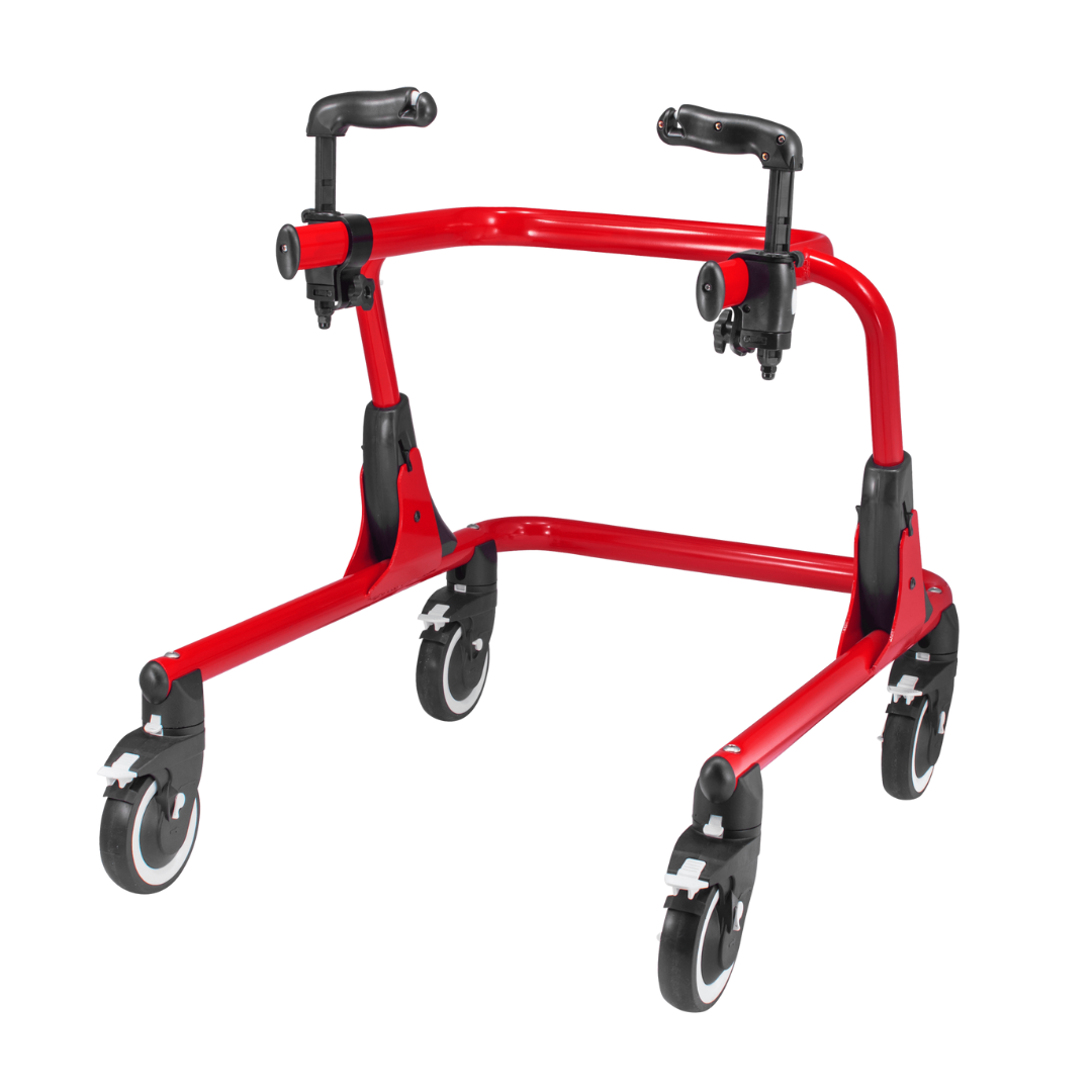Hand Grips For Pivot Gait Trainer: Black adjustable hand grips designed for use with a red, four-wheeled gait trainer. They provide sturdy support and improved maneuverability with large swivel front wheels and an open-frame design.