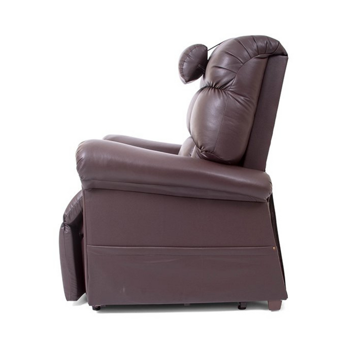 Side view of a brown leather Golden Technologies Adjustable Lift Chair Pillow featuring padded armrests, an adjustable head pillow, and a plush backrest in an upright position.