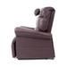Side view of a brown leather Golden Technologies Adjustable Lift Chair Pillow featuring padded armrests, an adjustable head pillow, and a plush backrest in an upright position.