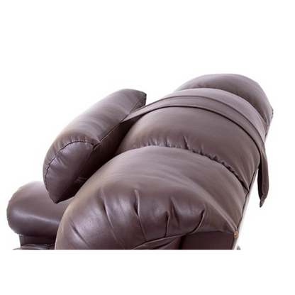 A close-up of the Golden Technologies Adjustable Lift Chair Pillow highlights its plush, rounded cushions and adjustable headrest. The armrest shows thick padding and a smooth leather texture with a top cushion propped against the backrest, emphasizing comfort and design.
