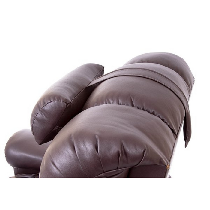 A close-up of the Golden Technologies Adjustable Lift Chair Pillow highlights its plush, rounded cushions and adjustable headrest. The armrest shows thick padding and a smooth leather texture with a top cushion propped against the backrest, emphasizing comfort and design.