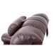 A close-up of the Golden Technologies Adjustable Lift Chair Pillow highlights its plush, rounded cushions and adjustable headrest. The armrest shows thick padding and a smooth leather texture with a top cushion propped against the backrest, emphasizing comfort and design.