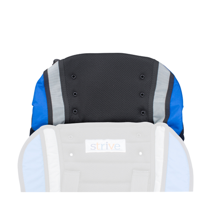 A close-up of the Headrest Extension for the Strive Adaptive Stroller in blue and black, with “strive” faintly visible, designed to provide extra head and neck support.