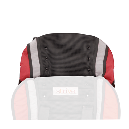 A Headrest Extension For Strive Adaptive Stroller, in black and red, is attached to the backrest, adding head and neck support. The word "strive" appears on the partially visible seat fabric.