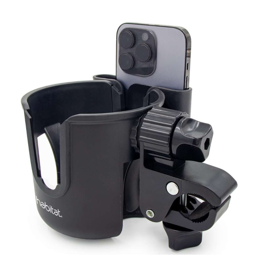 The Habitat Universal Cup Holder Attachment with Phone Holder is a versatile black holder with an adjustable clamp, designed to mount on surfaces like bike handlebars or strollers for secure, convenient access to your cup and smartphone.