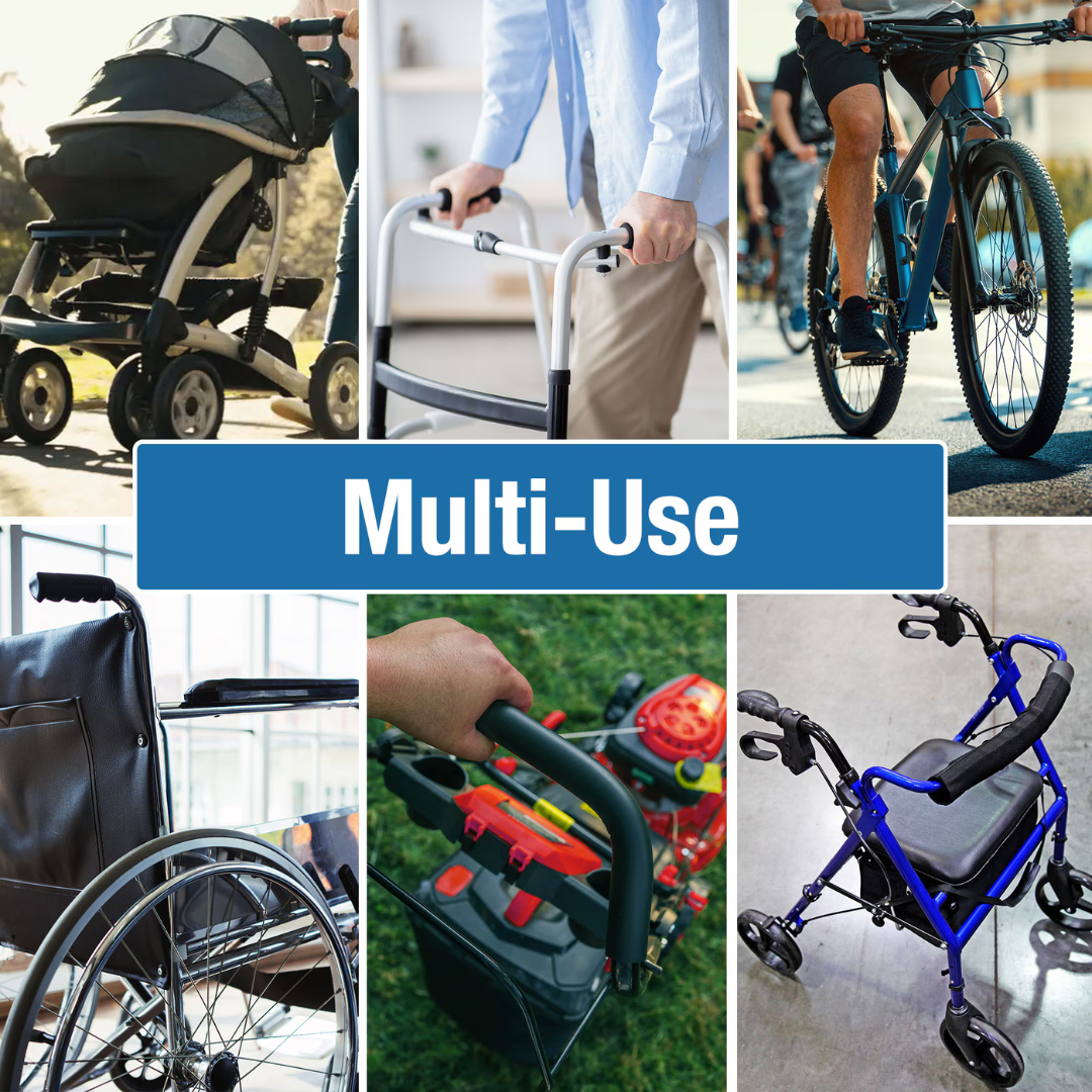 A collage displays a stroller, walker, cyclist, wheelchair with the Habitat Universal Cup Holder Attachment with Phone Holder, someone using a lawn mower, and a rollator—all beneath a blue “Multi-Use” banner.