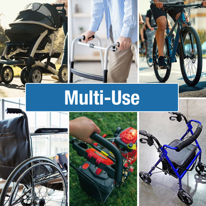 A collage displays a stroller, walker, cyclist, wheelchair with the Habitat Universal Cup Holder Attachment with Phone Holder, someone using a lawn mower, and a rollator—all beneath a blue “Multi-Use” banner.