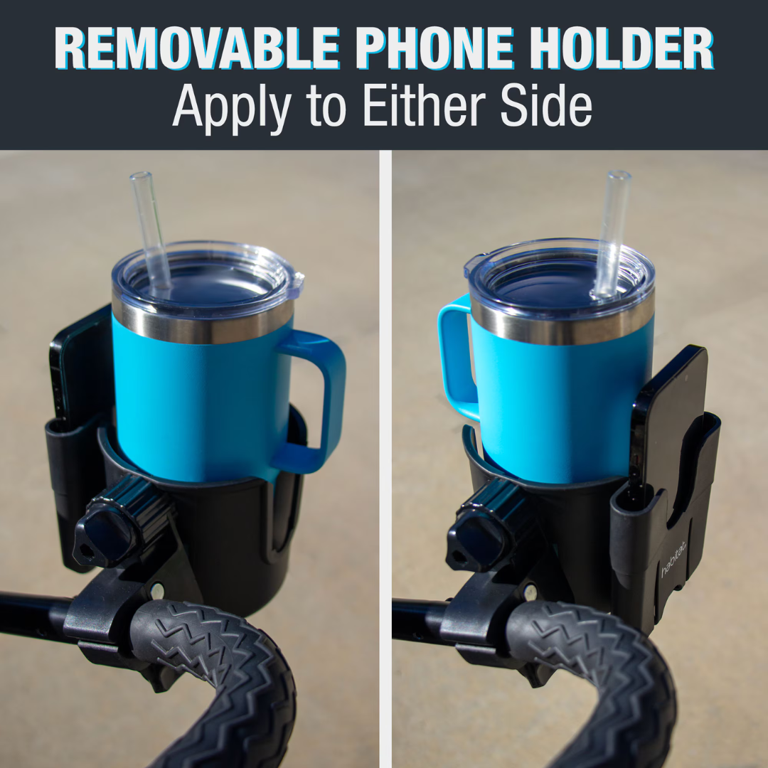 Habitat Universal Cup Holder Attachment with Phone Holder fits any stroller handle, holding a blue tumbler and phone on either side. Text reads: Removable Phone Holder - Apply to Either Side. A versatile stroller accessory.
