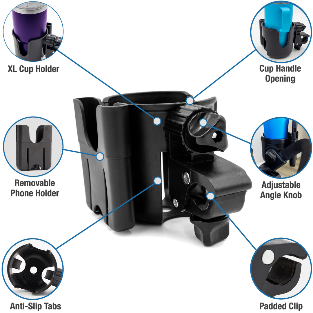 The Habitat Universal Cup Holder Attachment with Phone Holder features an XL holder, cup handle opening, adjustable angle knob, padded clip, anti-slip tabs, and a removable phone holder. Blue circles highlight each feature—ideal for strollers or wheelchairs.