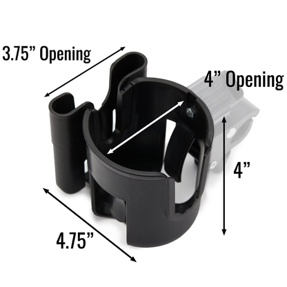 Habitat Universal Cup Holder Attachment with Phone Holder—black plastic, gray clip—fits strollers or wheelchairs. Labeled measurements: 3.75" and 4" openings, 4" height, 4.75" width.