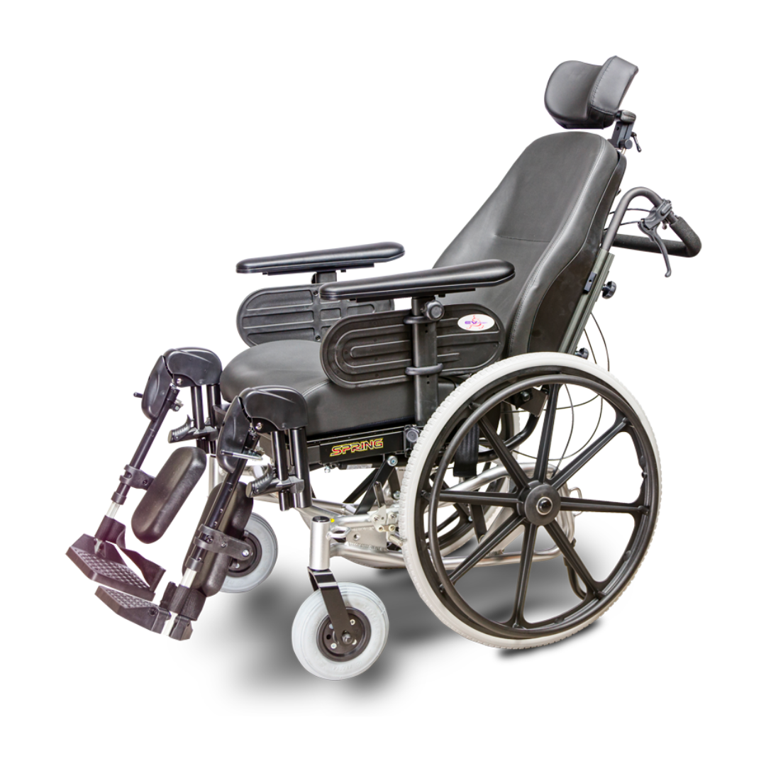 The Heartway Spring Tilt N Space Reclining Manual Wheelchair, shown at an angle on a white background, features a black frame, large rear wheels, adjustable footrests, padded armrests, and a headrest.