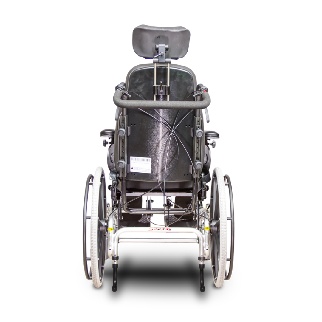 Rear view of the Heartway Spring Tilt N Space Reclining Manual Wheelchair with large rear wheels, adjustable headrest, padded backrest, and sturdy metal frame, shown against a white background.
