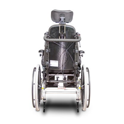 Rear view of the Heartway Spring Tilt N Space Reclining Manual Wheelchair with large rear wheels, adjustable headrest, padded backrest, and sturdy metal frame, shown against a white background.
