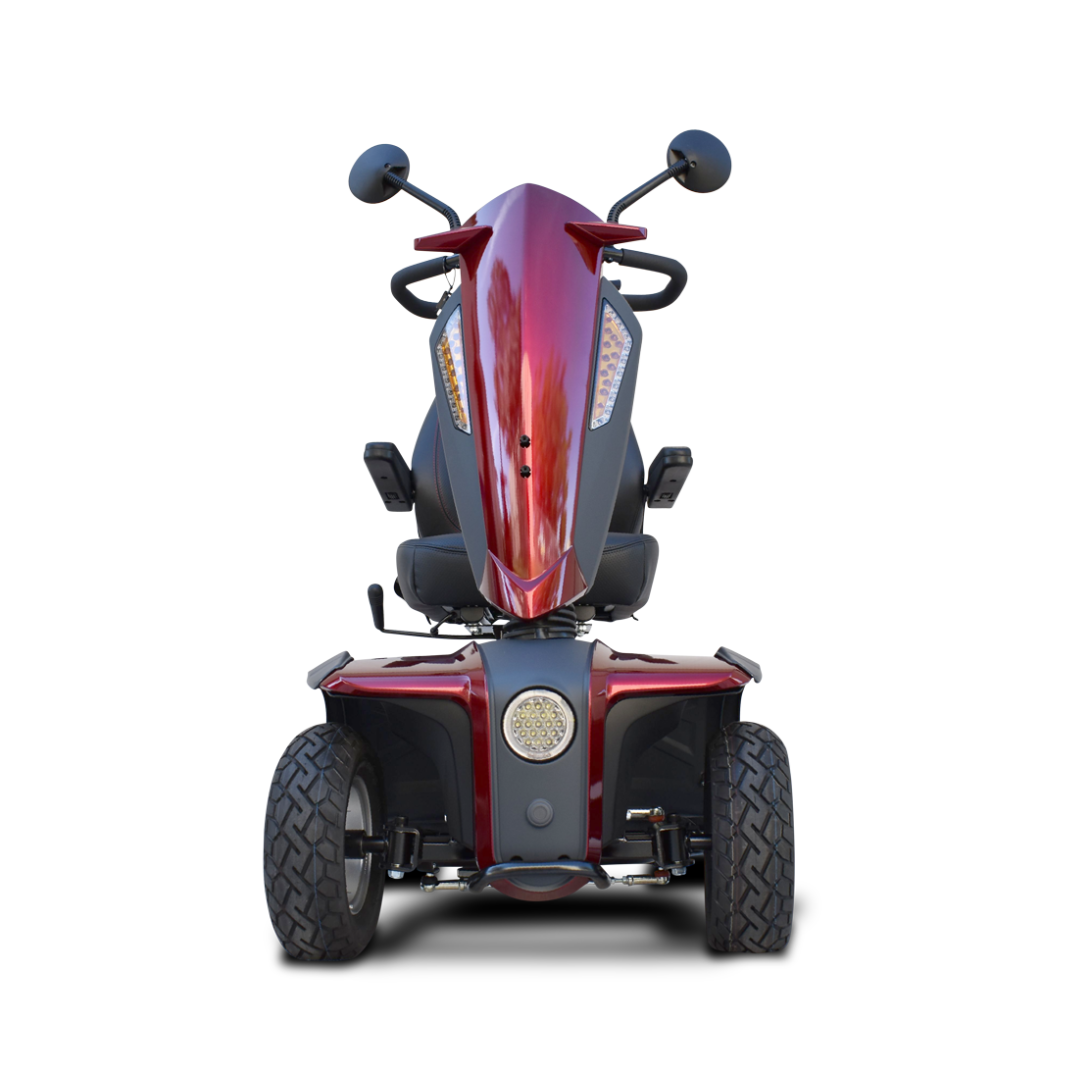 A front view of the Heartway VitaExpress Heavy Duty All-Terrain Scooter, a modern red outdoor mobility scooter with large wheels and side mirrors, photographed against a white background.