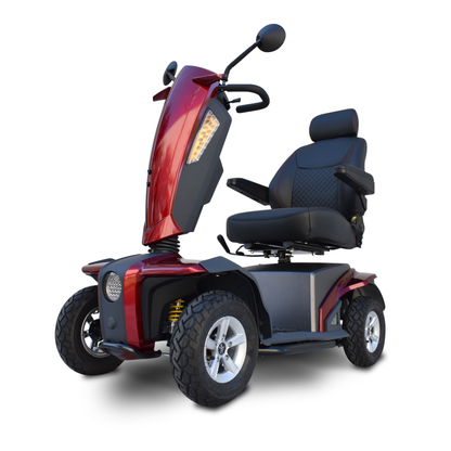 The Heartway VitaExpress Heavy Duty All-Terrain Scooter features four rugged wheels, a black cushioned seat with armrests, headlights, and a rear-view mirror, displayed against a white background.