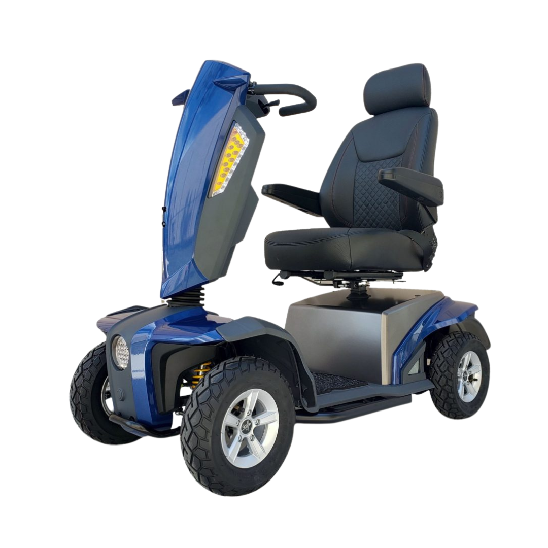 The Heartway VitaExpress Heavy Duty All-Terrain Scooter features a blue frame, high-backed cushioned seat, armrests, and front control panel. Large tires ensure comfortable, reliable performance for outdoor use.