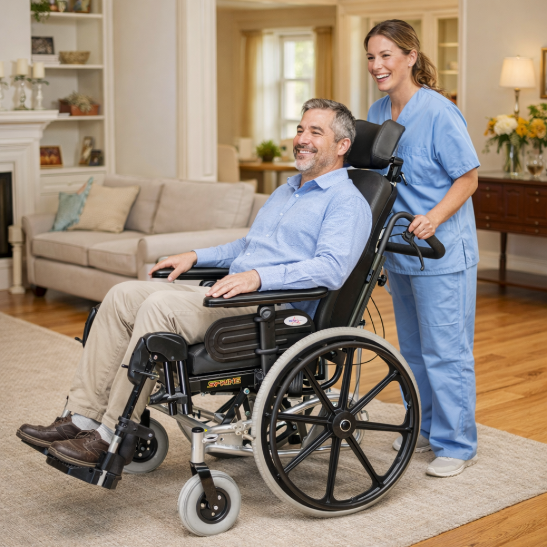 A smiling man sits in a Heartway Spring Tilt N Space Reclining Manual Wheelchair as a woman in blue scrubs stands behind, pushing him through a bright, comfortable living room. Both look happy and engaged.